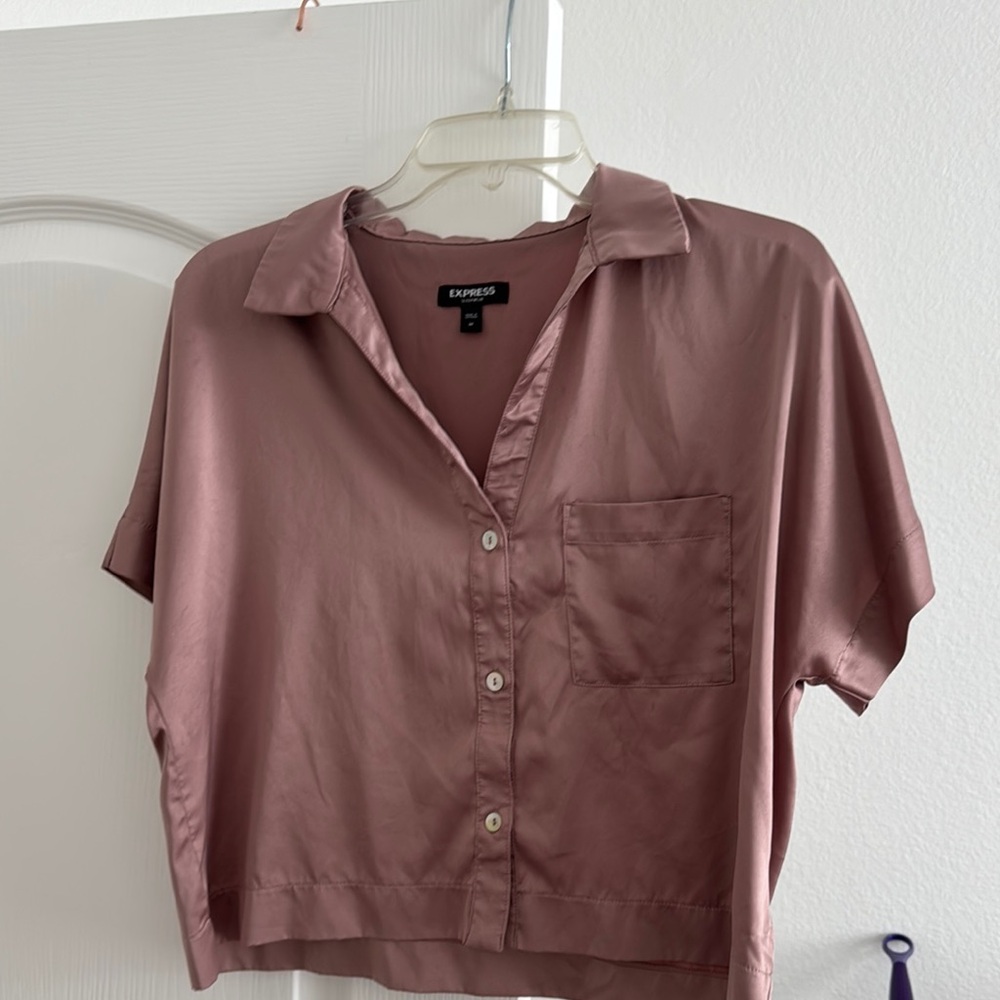 Express Pink Boxy Crop Button Down pajama top